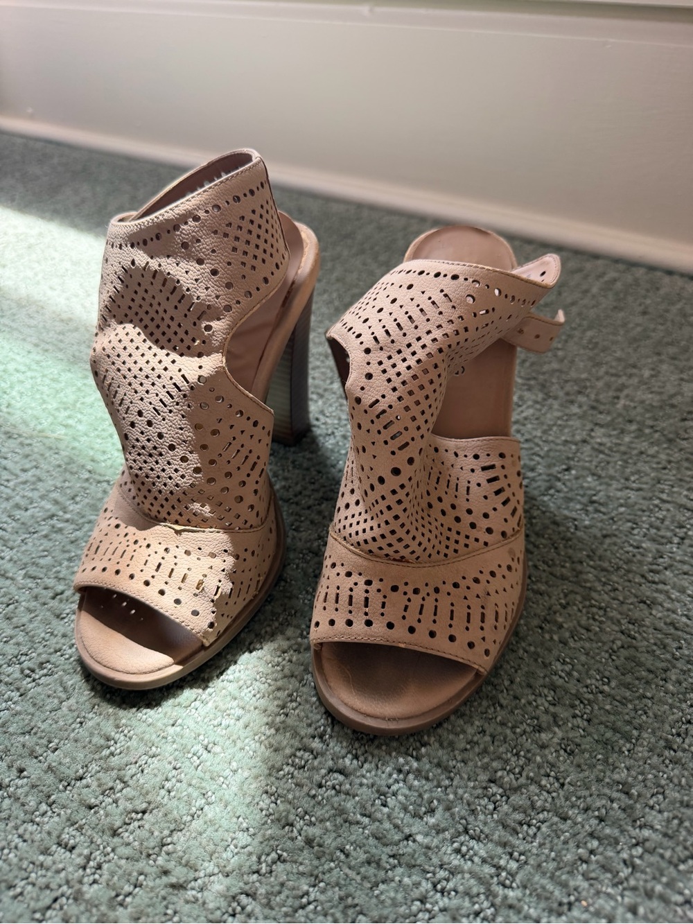 Call It Spring Taupe Laser-Cut Peep-Toe High Heel Sandals